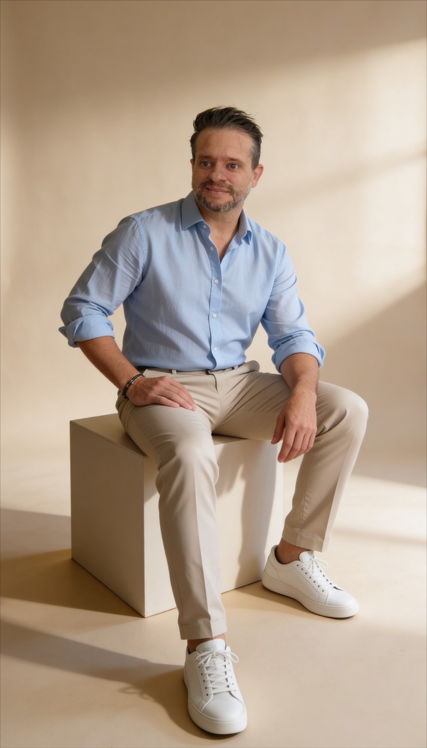 Eliel Cruz de camisa azul, sentado
